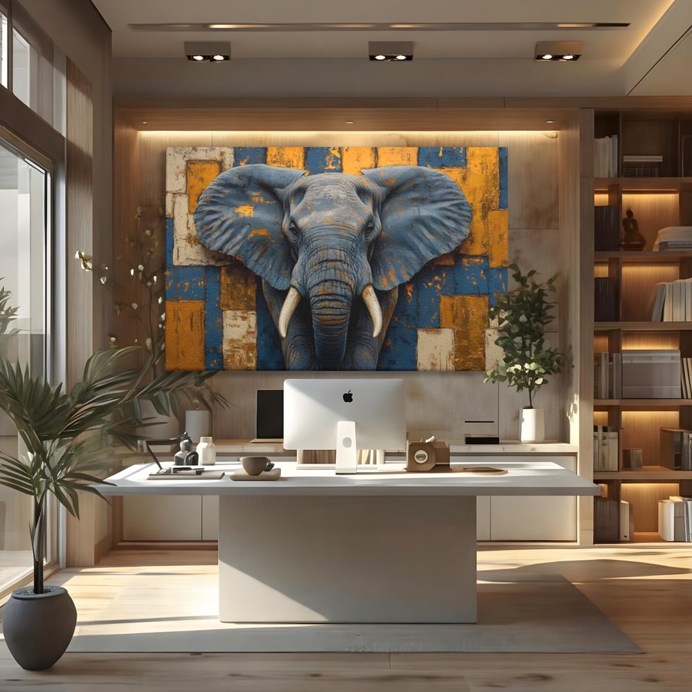 Tablou canvas cu tablou canvas cu cap de elefant, fara rama, pe sasiu de lemn, pe perete intr-un birou